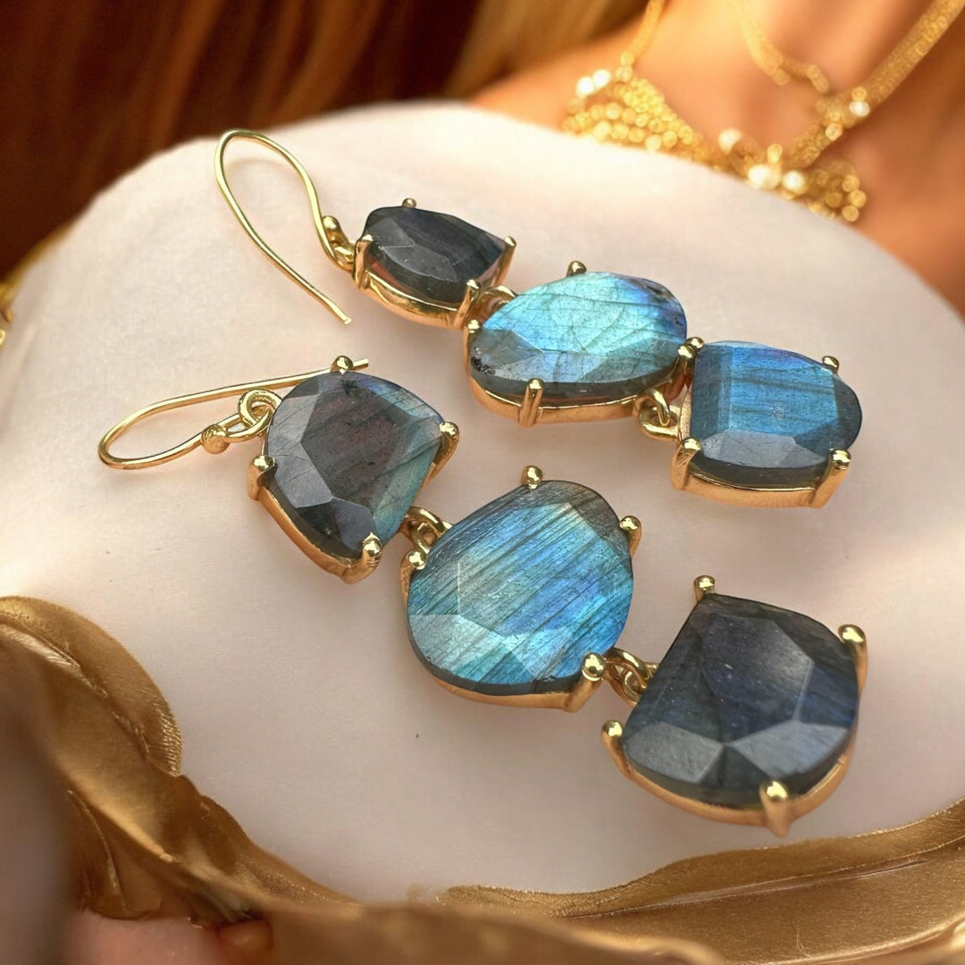 Unleash Elegance with Mystical Labradorite Three-Tiered Earrings