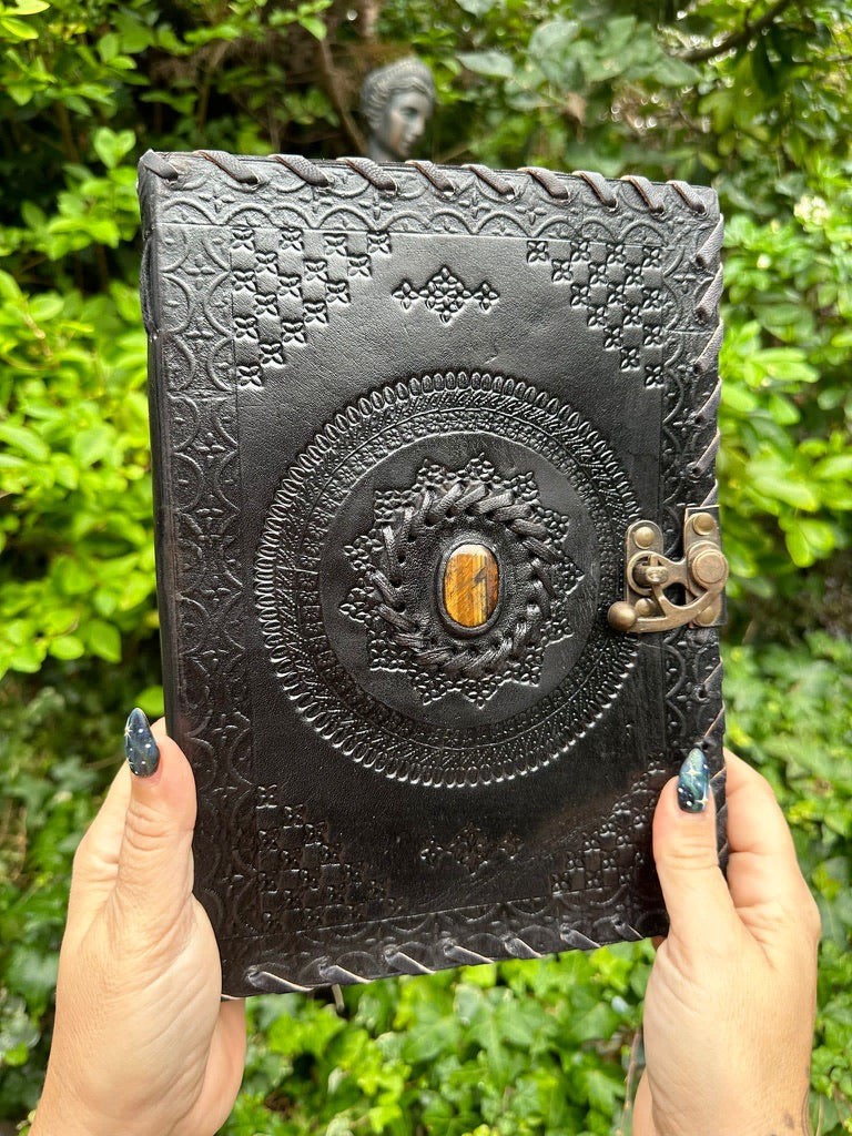 Black Leather Journal with Tiger’s Eye Stone - Elegant & Grounding Writing Companion