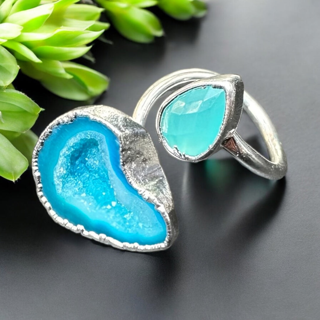 Infinity Agate Druzy & Aquamarine Silver Wrap Ring