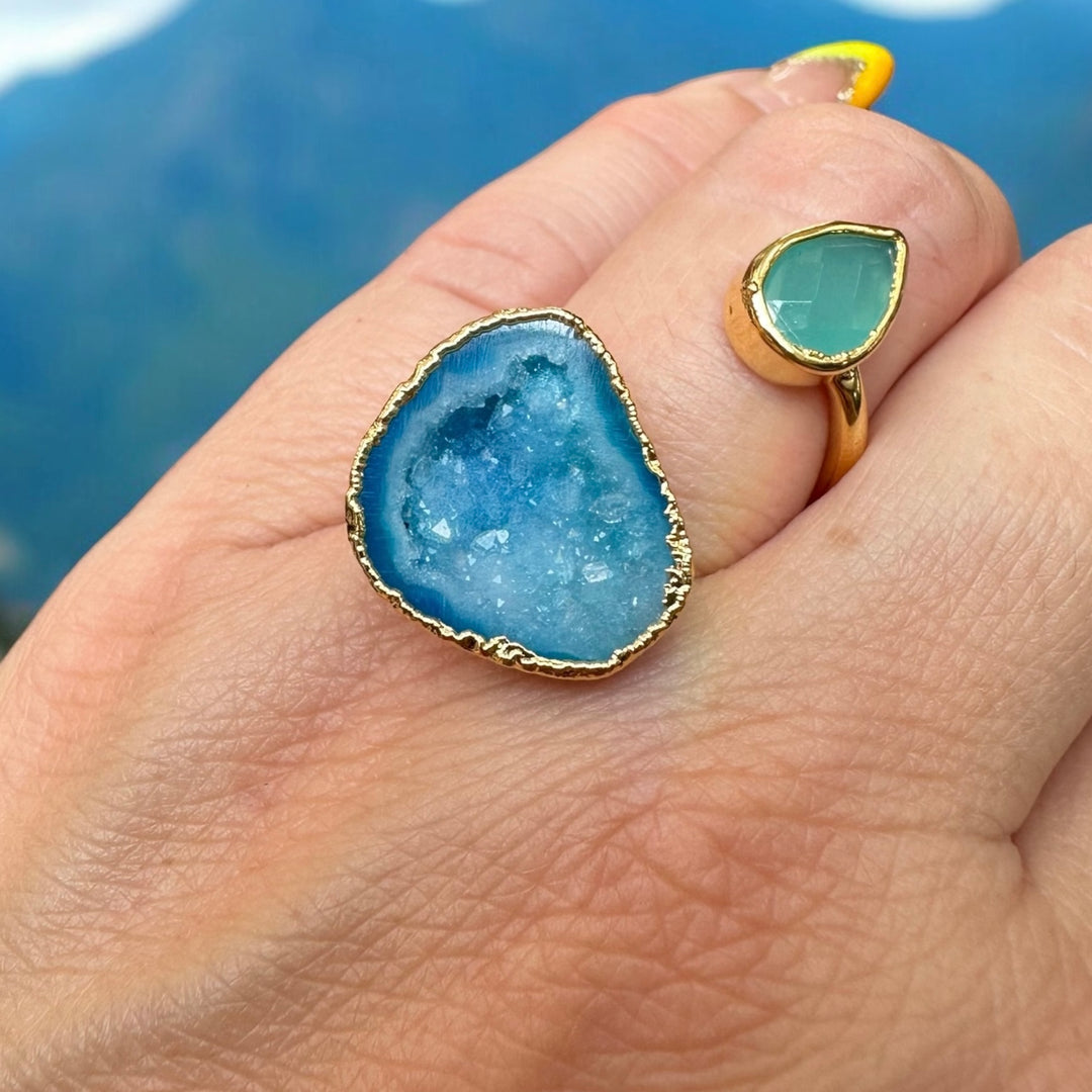 Infinity Collection Blue Agate Druzy & Aquamarine Ring