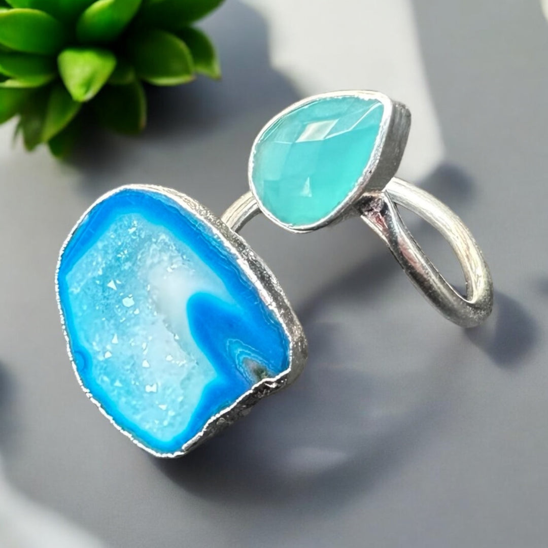 Infinity Blue Agate Druzy & Aquamarine Wrap Ring