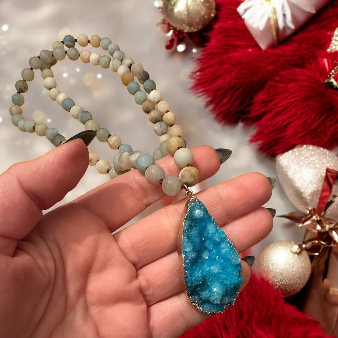 Amazonite & Agate Druzy Mala Necklace