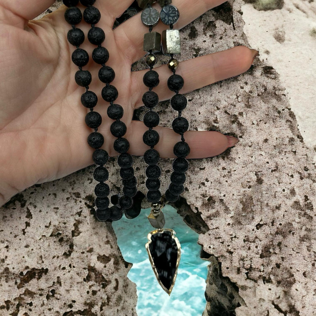 Black Obsidian Arrowhead Pendant Mala Necklace