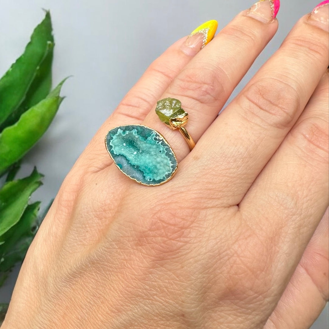 Infinity Green Agate Druzy & Peridot Wrap Ring