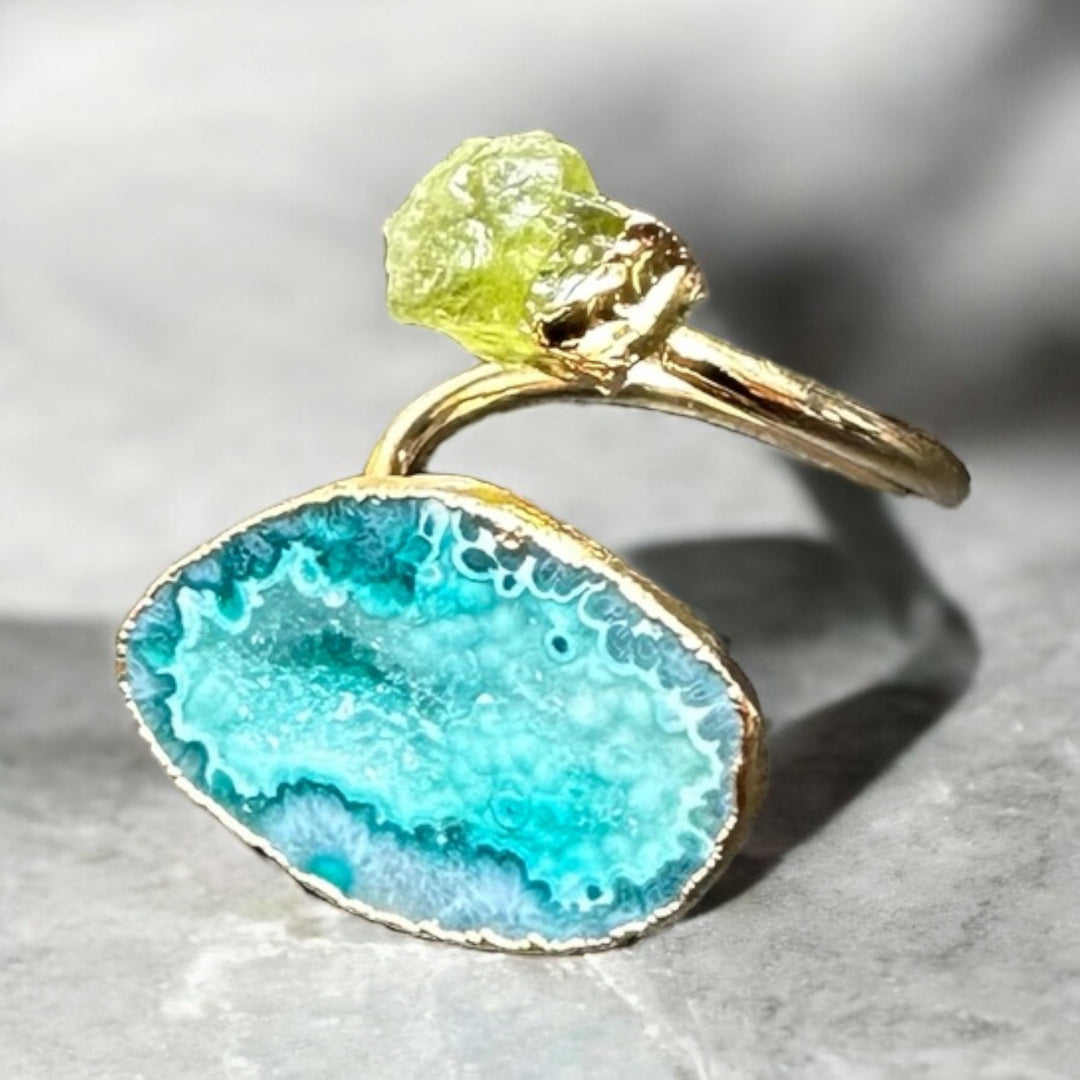 Infinity Green Agate Druzy & Peridot Wrap Ring