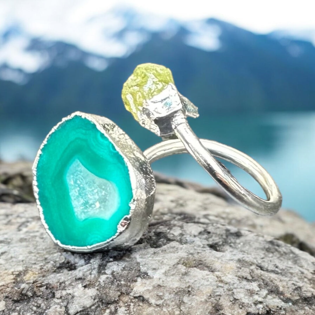 Infinity Agate Druzy & Peridot Silver Wrap Ring