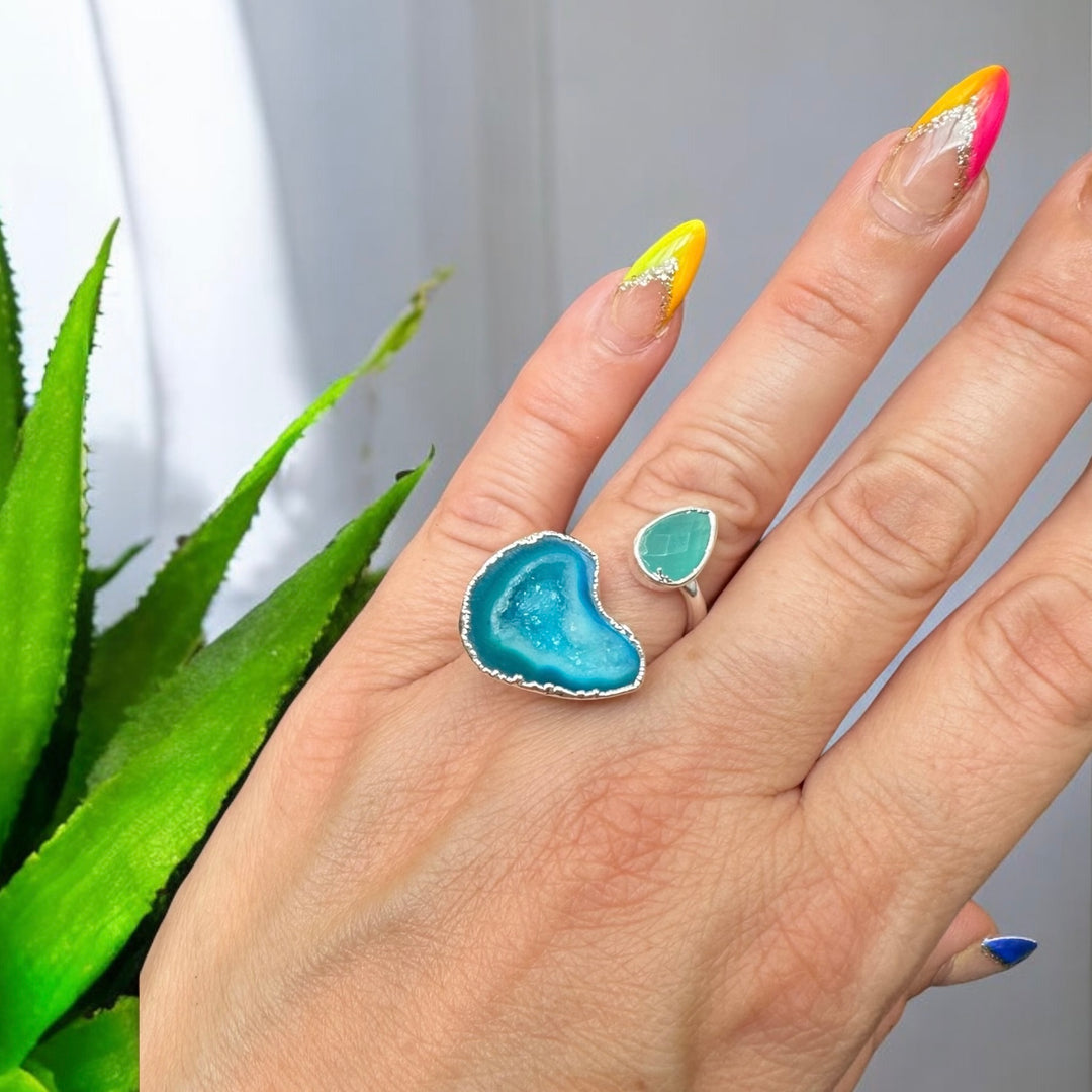 Infinity Agate Druzy & Aquamarine Silver Wrap Ring