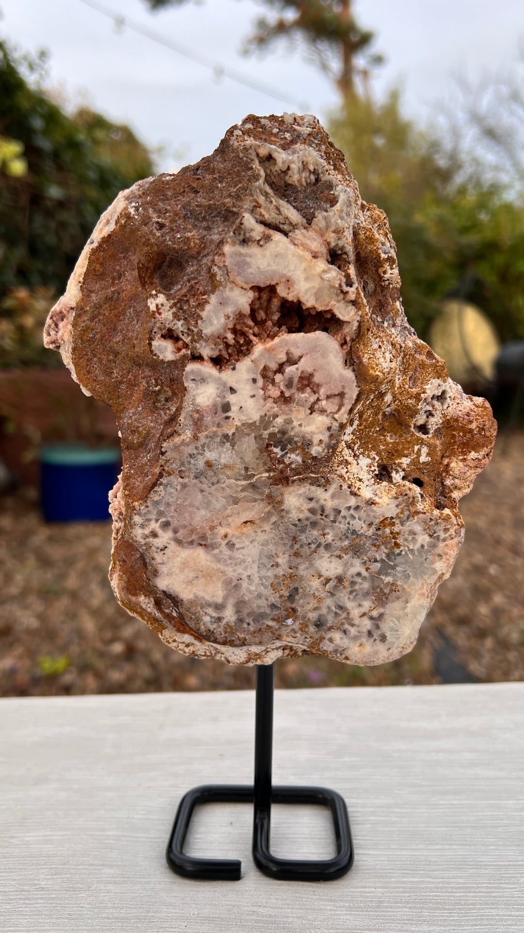 Elegant Pink Amethyst Slab on Black Metal Stand