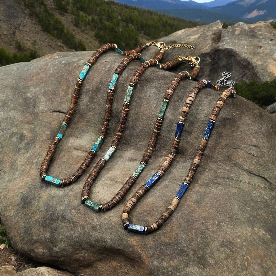 Green Moss Agate & Coconut Shell Necklace & Bracelet Set