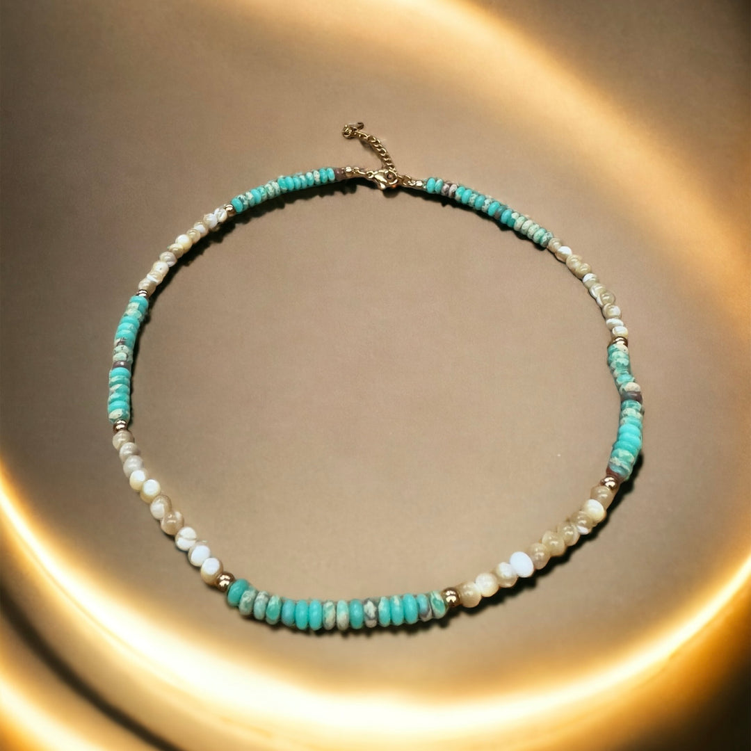 Turquoise Coloured Stone And Oyster Pearl Necklace