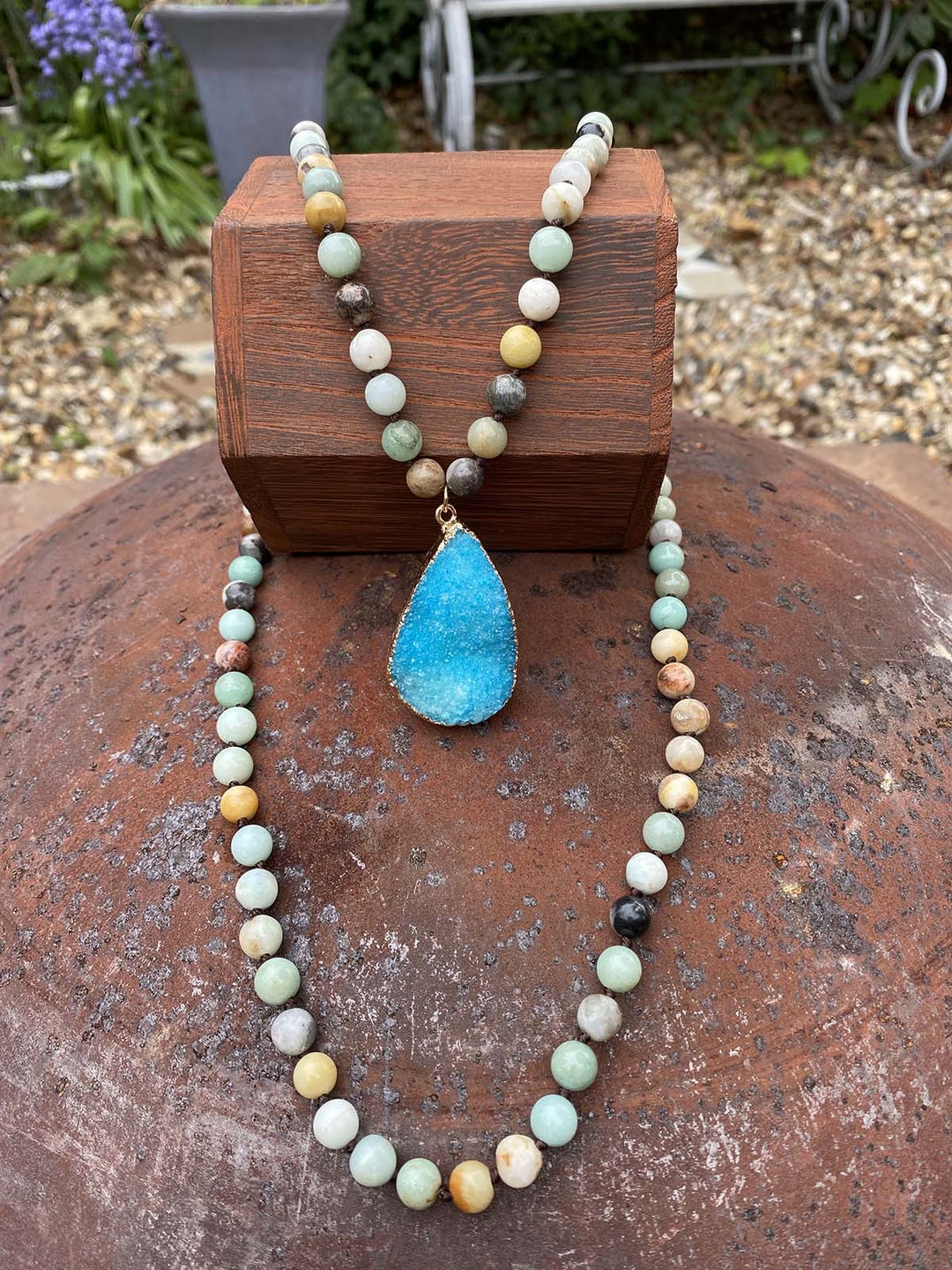 Amazonite & Agate Druzy Mala Necklace