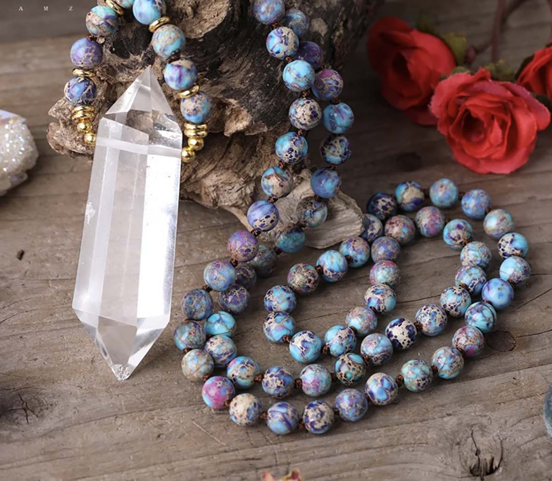 Double Point Clear Quartz & Imperial Jasper Mala Necklace