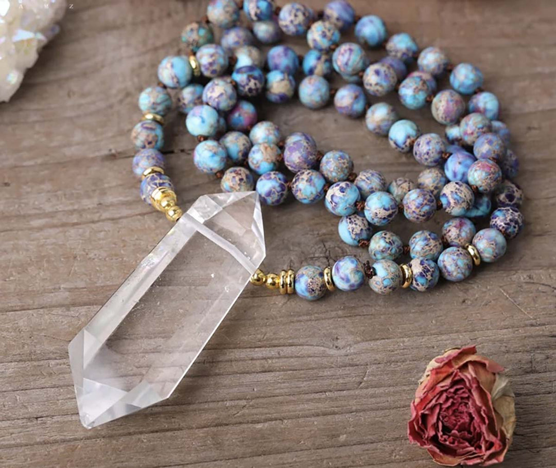 Double Point Clear Quartz & Imperial Jasper Mala Necklace