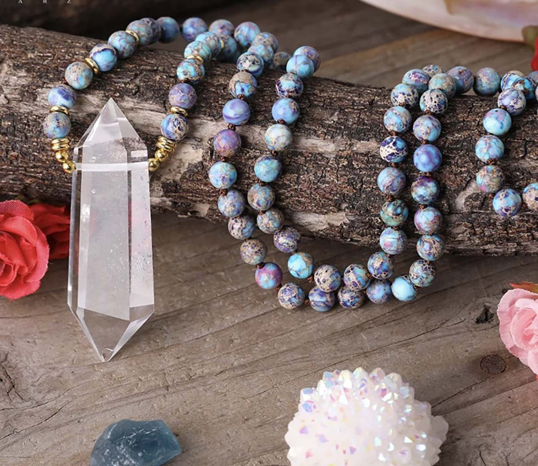 Double Point Clear Quartz & Imperial Jasper Mala Necklace