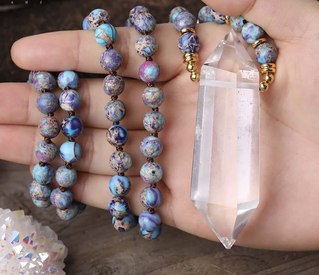 Double Point Clear Quartz & Imperial Jasper Mala Necklace