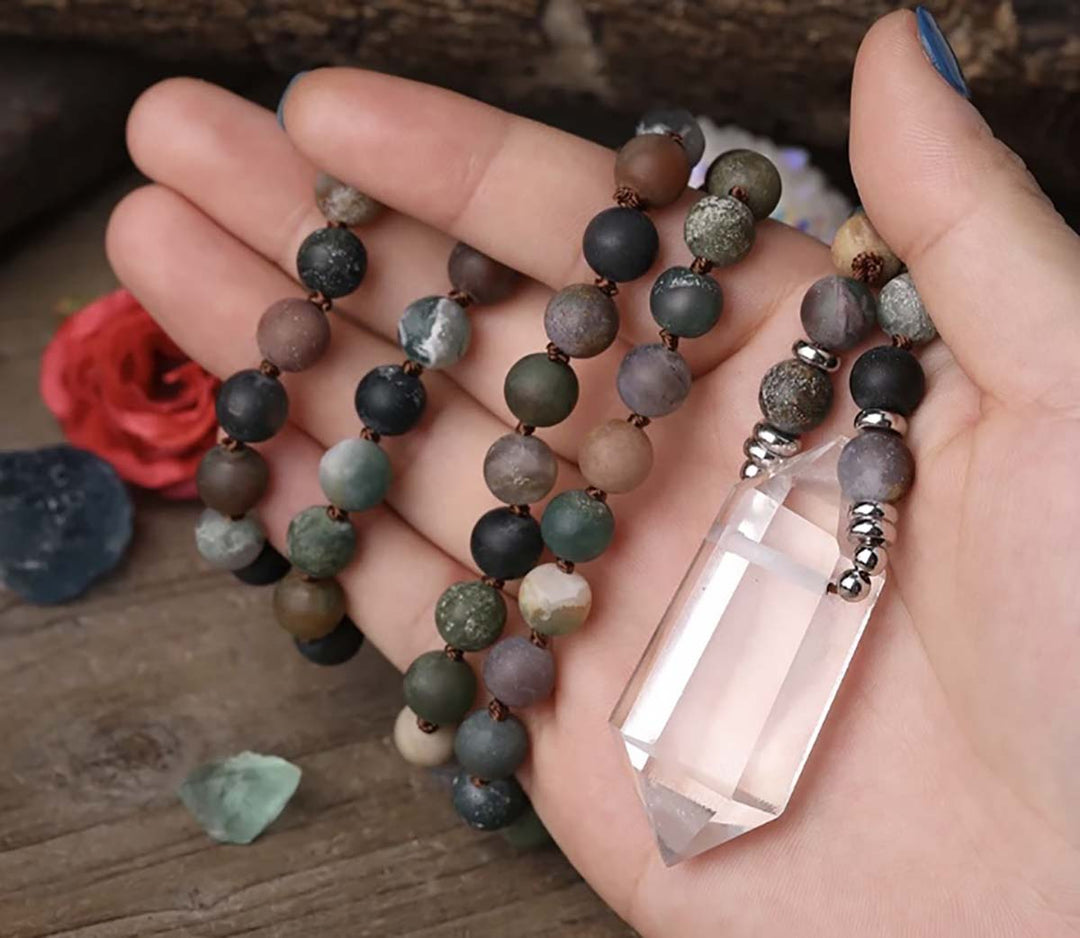 Double Point Clear Quartz & Indian Agate Mala Necklace