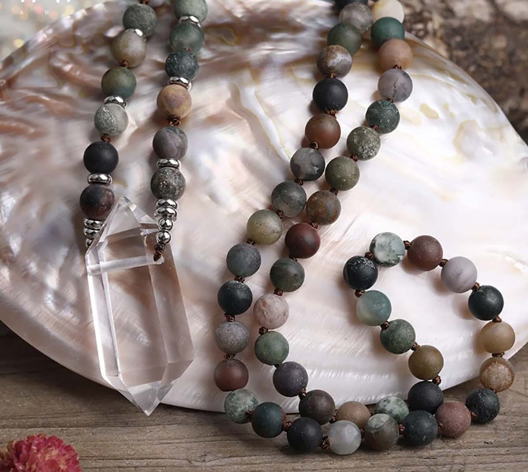 Double Point Clear Quartz & Indian Agate Mala Necklace