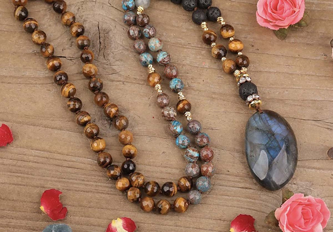 Labradorite With Blue Imperial Jasper & Tigers Eye Mala Necklace