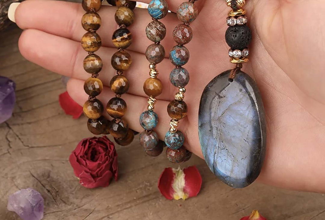 Labradorite With Blue Imperial Jasper & Tigers Eye Mala Necklace