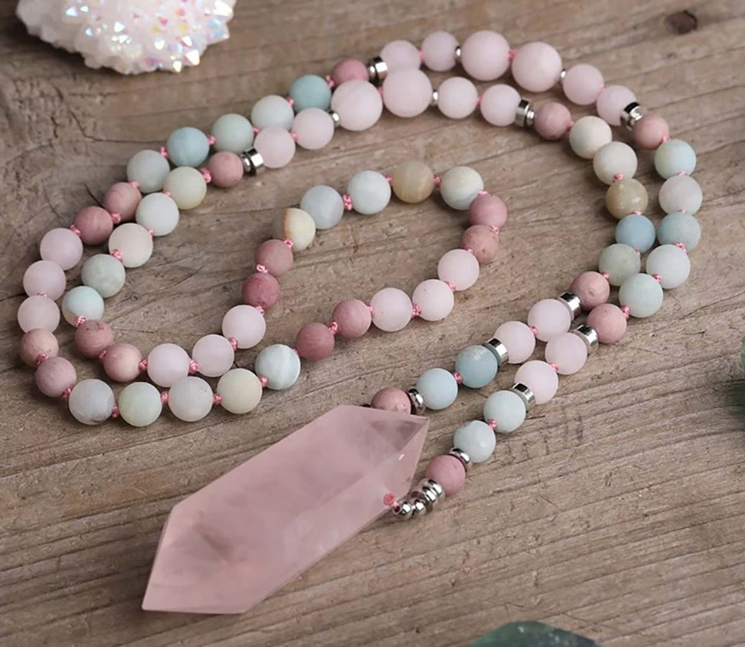 DOUBLE POINTED NATURAL ROSE QAURTZ MALA NECKLACE