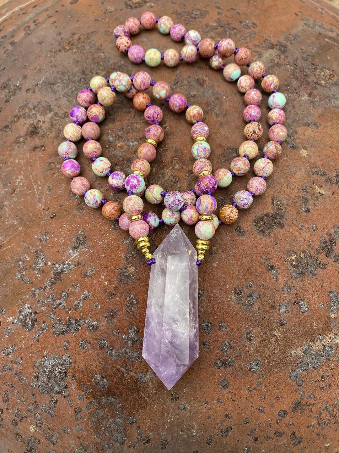 Sea Sediment Jasper with Amethyst point stone necklace 