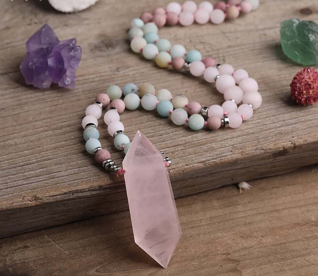 DOUBLE POINTED NATURAL ROSE QAURTZ MALA NECKLACE